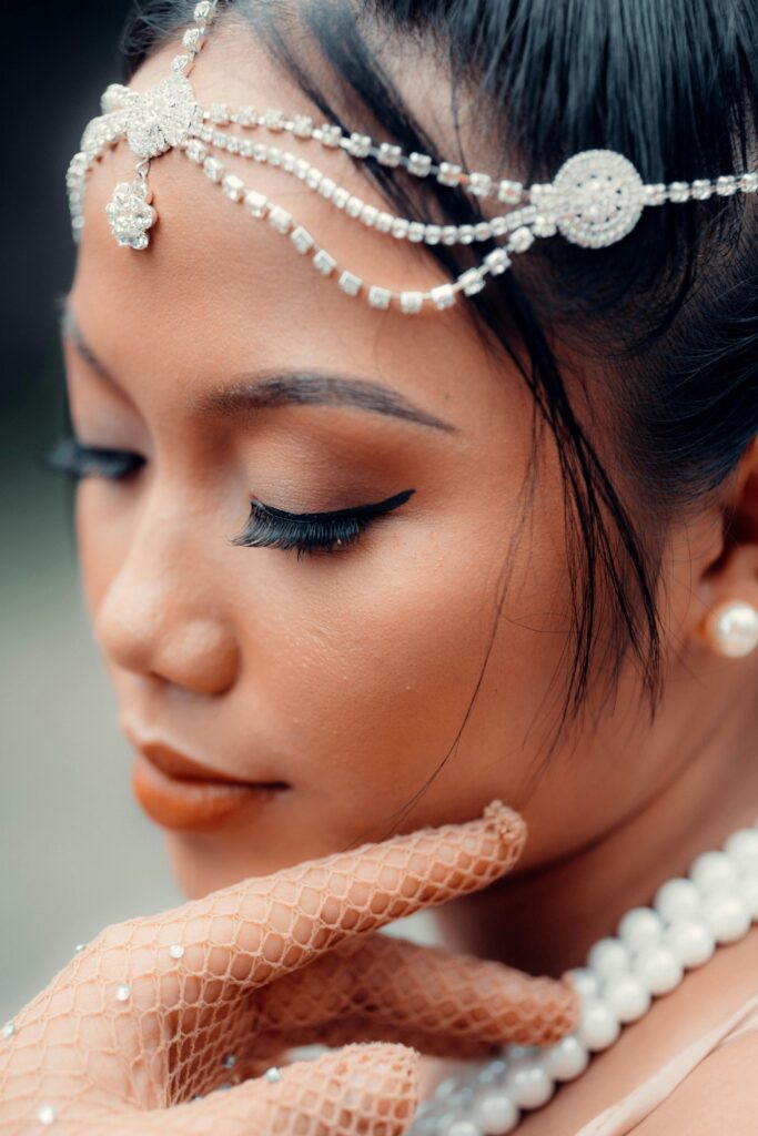 girl wearing a silver head chain